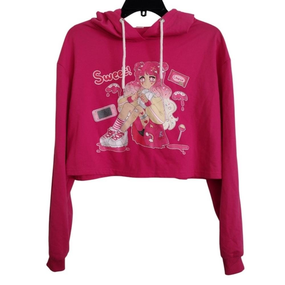 Romwe Bright Pink Cropped Hoodie with Anime Graphic Size Small